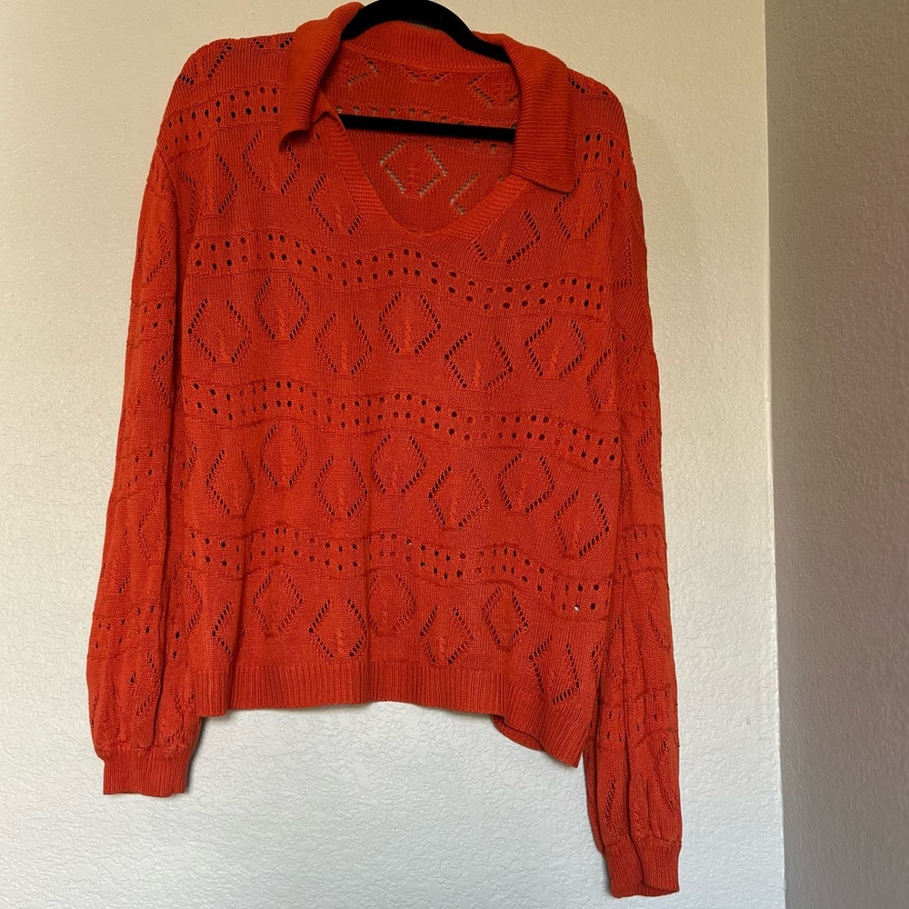 Women’s  ORANGE COLLARED  OPEN KNIT CROCHET V-NECK BEACHY BOHO LIGHTWEIGHT SZ XL